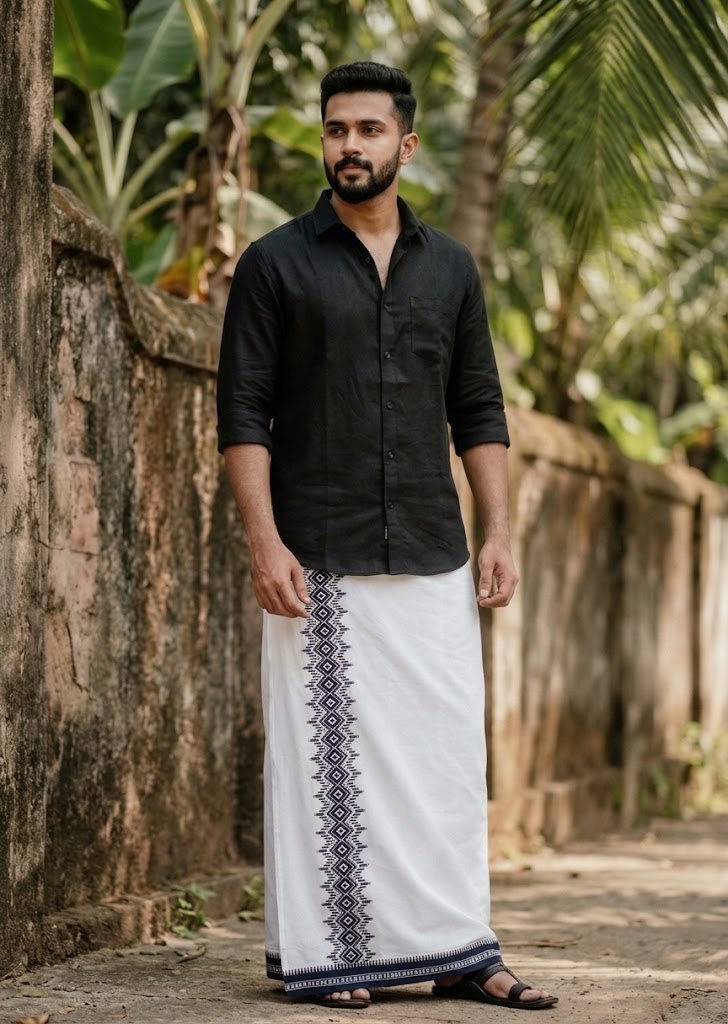 Southloom White Black Printed Single Mundu / Otta Mundu / Lungi (South Indian Kerala Dhoti) SL622