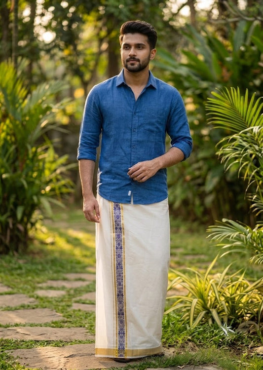 Southloom Pure Cotton Double Mundu with Blue Block Printed And Ksavu Border (South Indian Kerala Dhoti)SL597