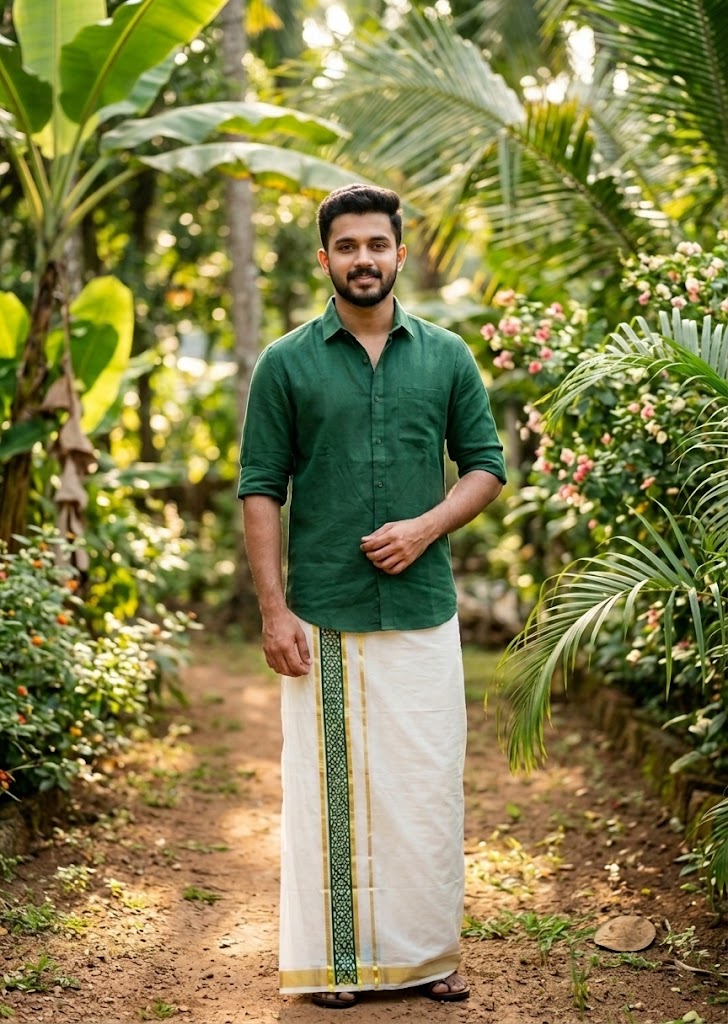 Southloom Pure Cotton Double Mundu with Green Block Printed And Ksavu Border (South Indian Kerala Dhoti)SL597