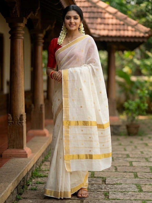 Southloom Super Premium Balaramapuram Handloom Cotton Stripes Saree With Golden Butta Works on Body and Borders