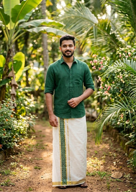 Southloom Pure Cotton Double Mundu with Green Block Printed And Ksavu Border (South Indian Kerala Dhoti)SL597