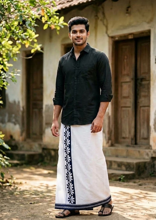 Southloom White Black Printed Single Mundu / Otta Mundu / Lungi (South Indian Kerala Dhoti) SL622