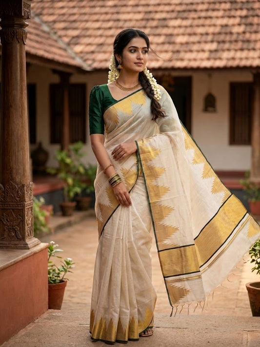 Southloom Super Premium Balaramapuram Handloom Tissue Saree with Gold And Green Chuttikara and Temple Design on Border