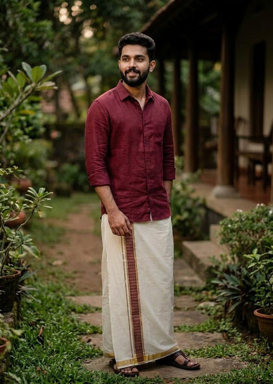 Southloom Pure Cotton Double Mundu with Maroon Block Printed And Ksavu Border (South Indian Kerala Dhoti)SL597