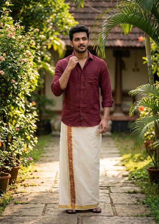 Southloom Pure Cotton Double Mundu with Maroon Block Printed And Ksavu Border (South Indian Kerala Dhoti)SL597