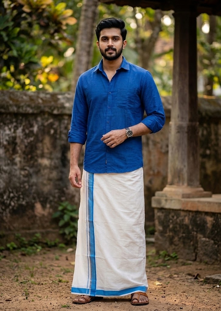 Southloom Pure Cotton Mundu with Silver Lines and Blue Border (South Indian Kerala Dhoti)