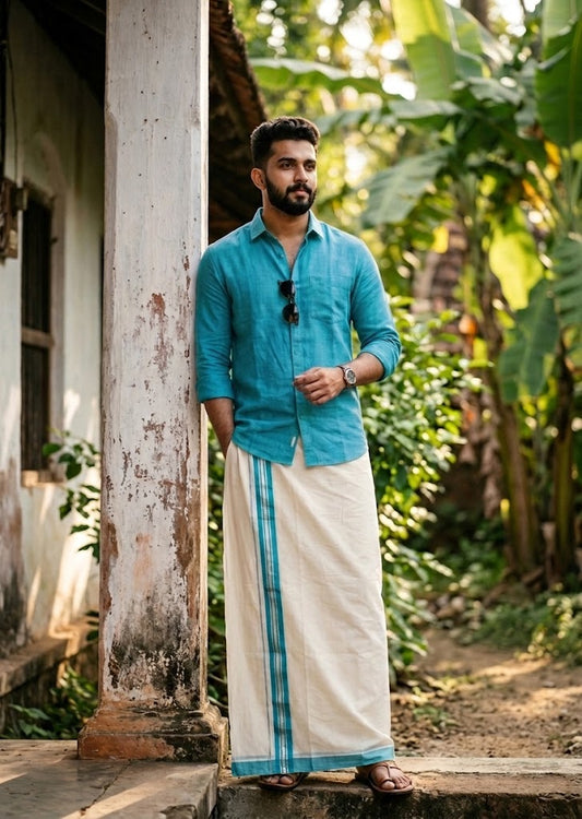 Southloom Pure Cotton Mundu with Silver Lines and Blue Border (South Indian Kerala Dhoti)