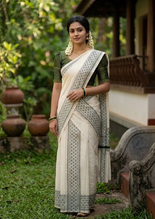 Southloom Kerala Cotton Set Mundu (Mundum Neriyathum) with Green Floral Prints on Border-2.80Mtrs SL625