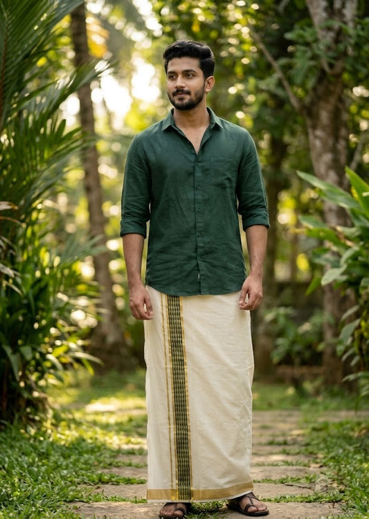 Southloom Pure Cotton Double Mundu with Green Block Printed And Ksavu Border (South Indian Kerala Dhoti)SL597