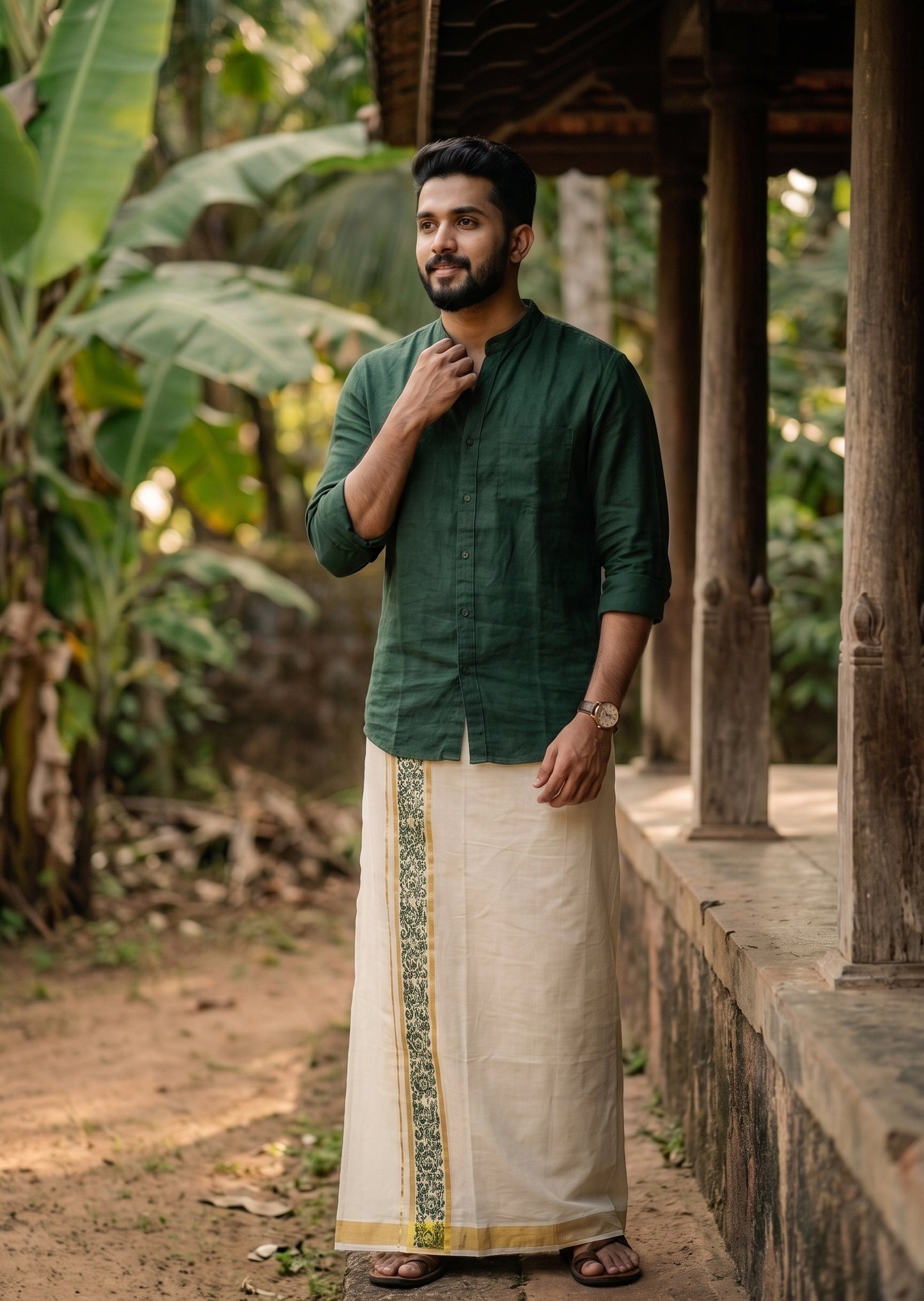 Southloom Pure Cotton Double Mundu with Green Block Printed And Ksavu Border (South Indian Kerala Dhoti)SL597