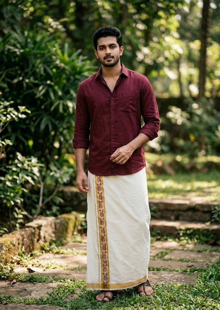 Southloom Pure Cotton Double Mundu with Maroon Block Printed And Ksavu Border (South Indian Kerala Dhoti)SL597