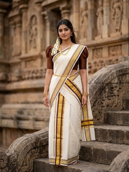 Southloom Premium Handloom Set Mundu with Kasavu With Brown and Golden Border (2.80 Mtr) SL617