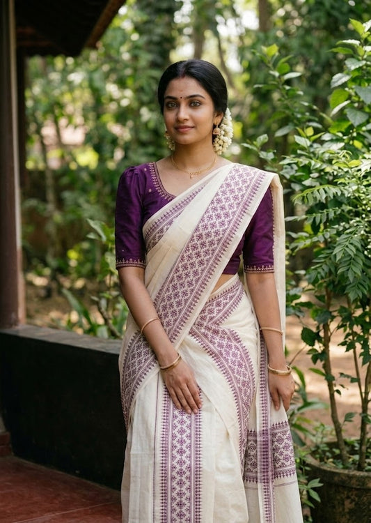 Southloom Kerala Cotton Set Mundu (Mundum Neriyathum) with Purple Floral Prints on Border-2.80Mtrs SL625
