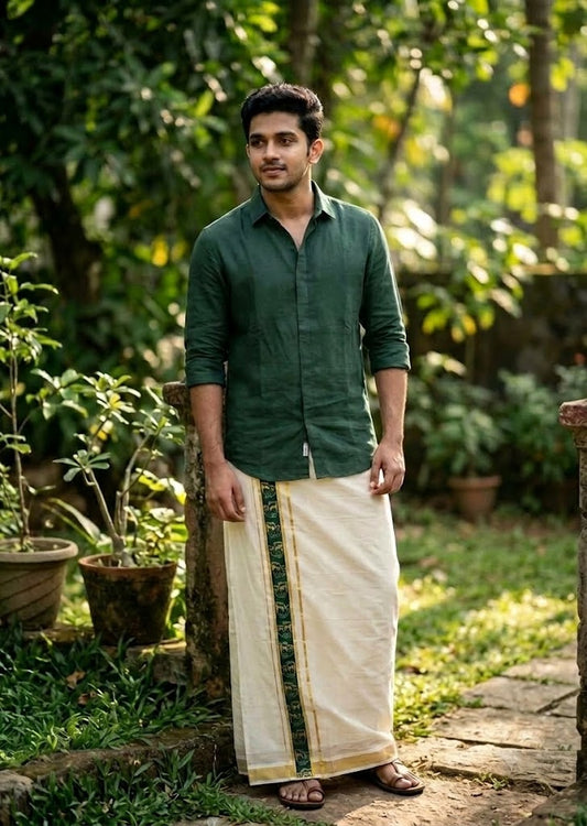 Southloom Pure Cotton Double Mundu with Green Block Printed And Ksavu Border (South Indian Kerala Dhoti)SL597