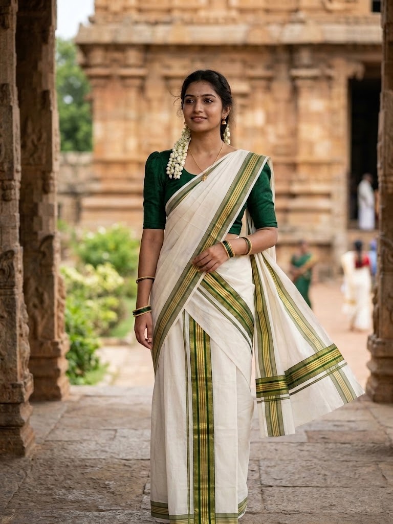 Southloom Premium Handloom Set Mundu with Kasavu With Green and Golden Border (2.80 Mtr) SL617