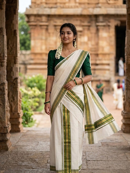Southloom Premium Handloom Set Mundu with Kasavu With Green and Golden Border (2.80 Mtr) SL617