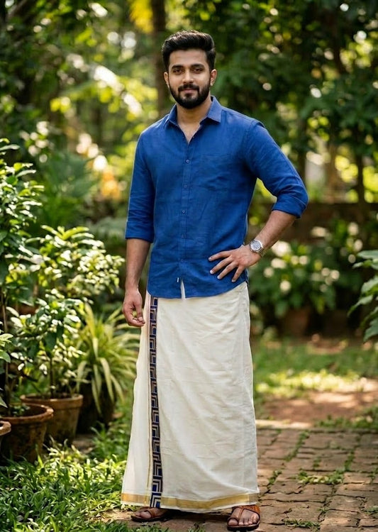 Southloom Pure Cotton Double Mundu with Blue Block Printed And Ksavu Border (South Indian Kerala Dhoti)SL597