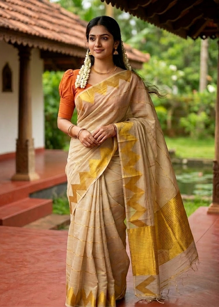 Southloom Super Premium Balaramapuram Handloom Tissue Stripes Saree with Gold Temple Kasavu on Border