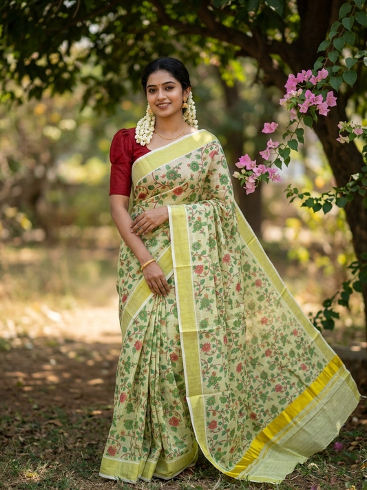 Kerala Tissue Kasavu Check Saree with Green Floral Kalamkari Design
