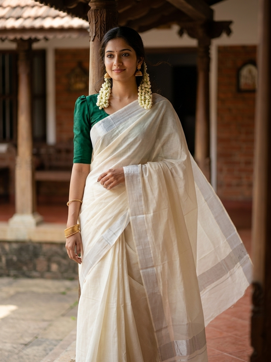 Kerala Plain Cotton Silver Kasavu 4 Inch Saree