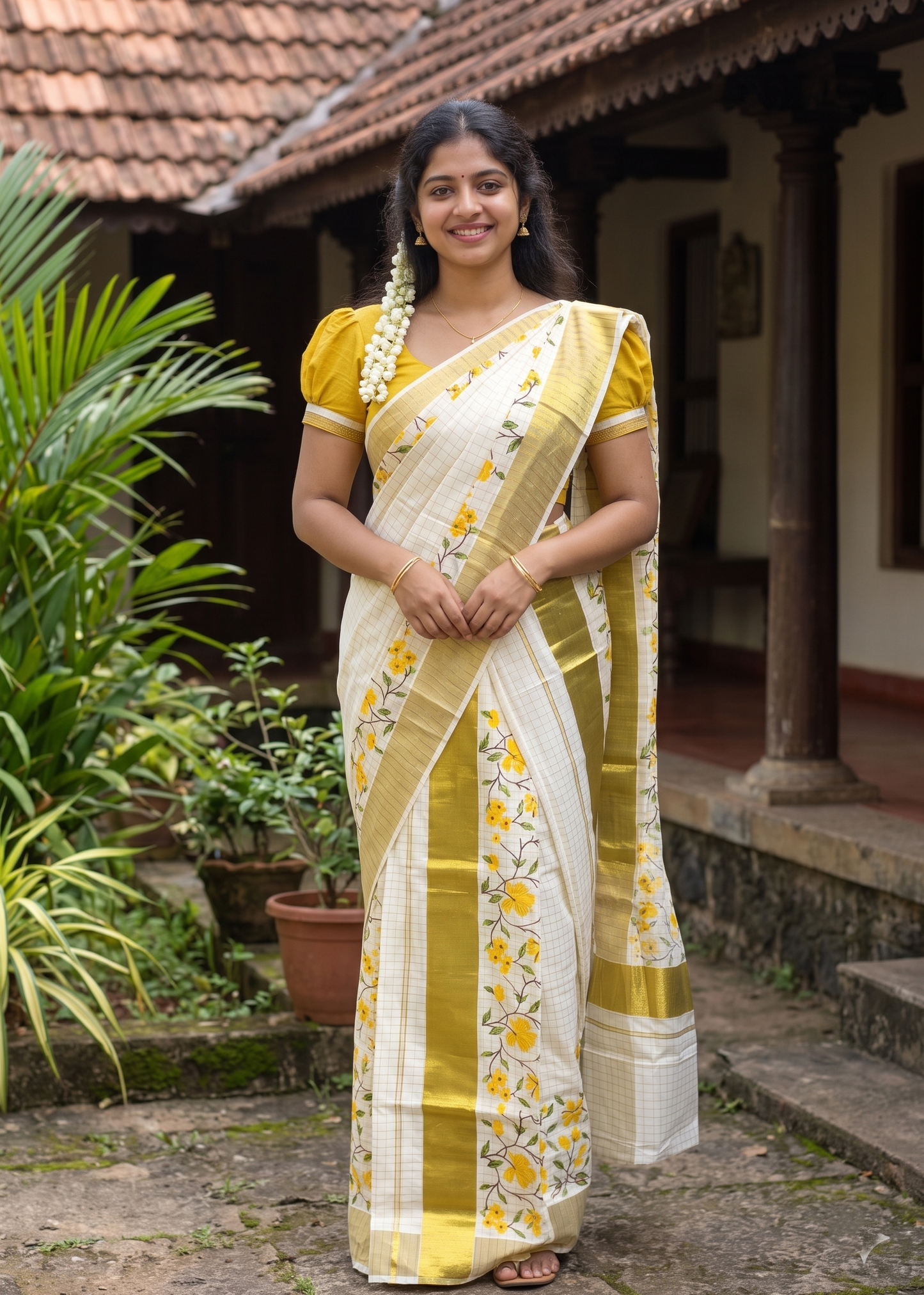 Southloom Kerala Check Pure Cotton Set Mundu with Gold Kasavu And Block Prints Across Body SL563
