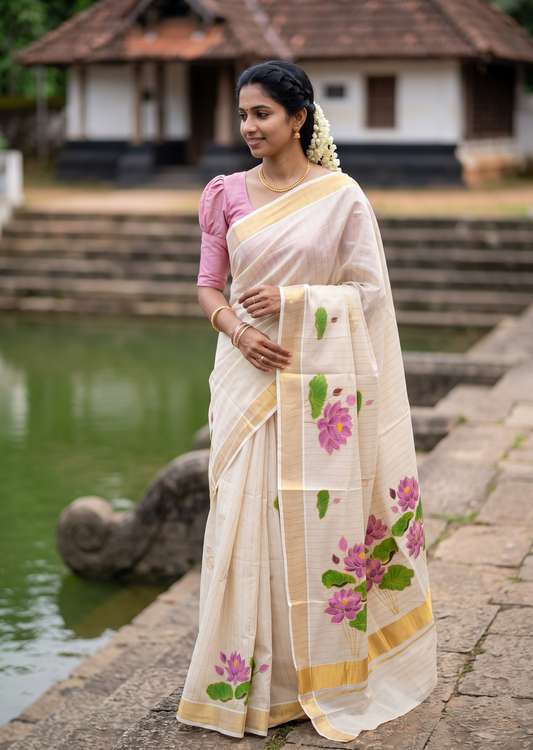 Southloom Tissue Kerala Kasavu Saree with Hand Painted Embroidery Lotus Design SL289