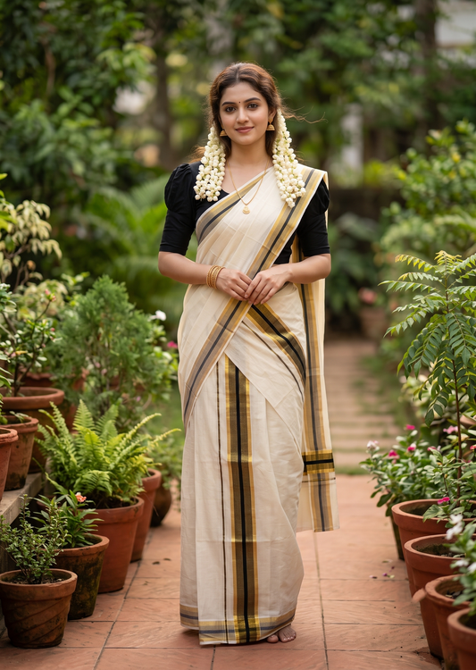 Southloom Kerala Cotton Set Mundu (Mundum Neriyathum) with Black and Kasavu Border 2.80 Mtrs SLKK