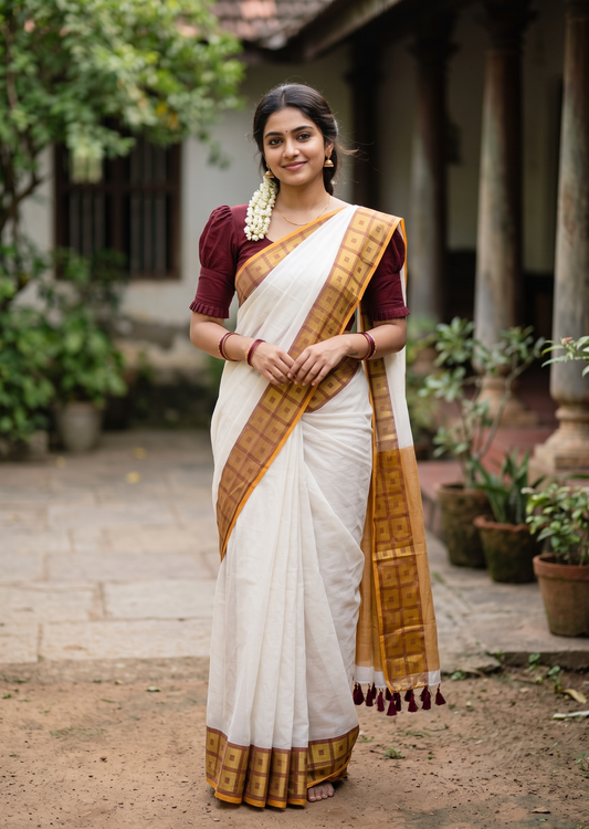 Southloom Mul Cotton 120 x 120 Soft Fabric Saree with Maroon Check Border SL215