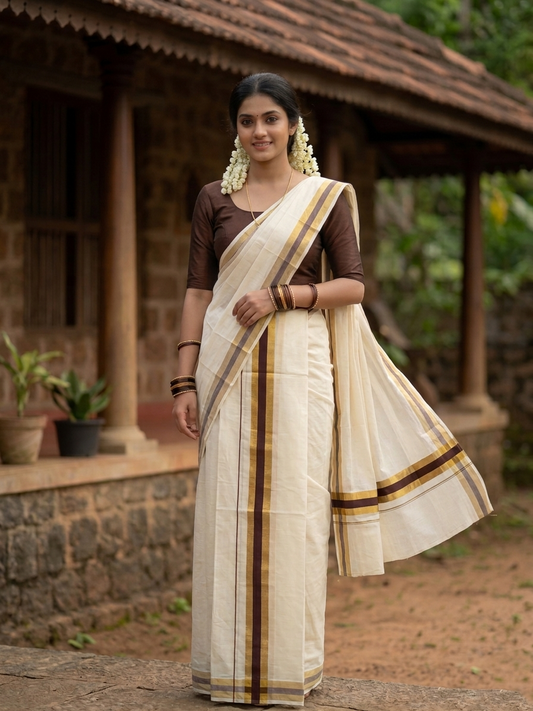 Kerala Cotton Mundum Neriyathum Single (Set Mundu) with Brown and Kasavu Border 2.80 Mtrs