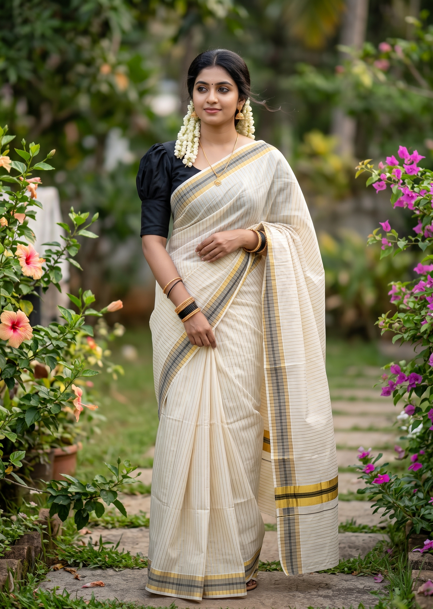 Southloom Pure Cotton Kerala Kasavu Lines Design Saree with Black Border