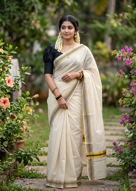 Southloom Pure Cotton Kerala Kasavu Lines Design Saree with Black Border