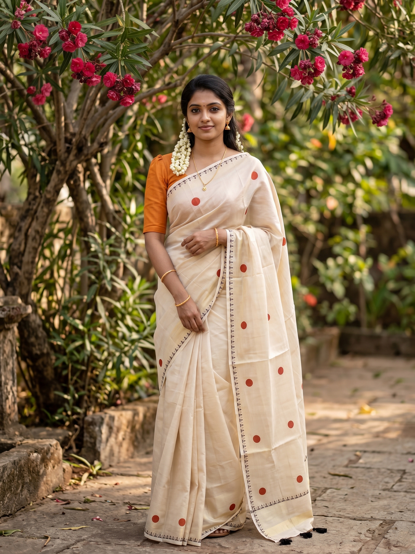 Southloom Kerala Tissue Kasavu Plain Saree with Orange Polka Dots On Body SL537