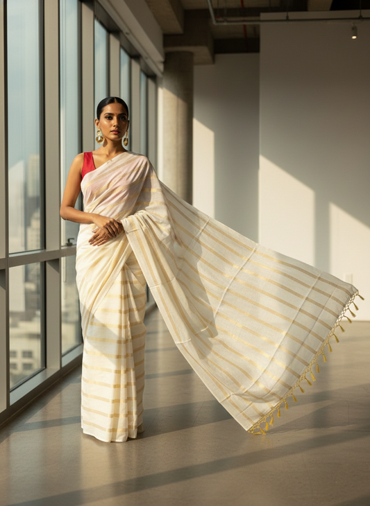 Southloom Kerala Cotton Kasavu Saree with Golden Stripes on Body