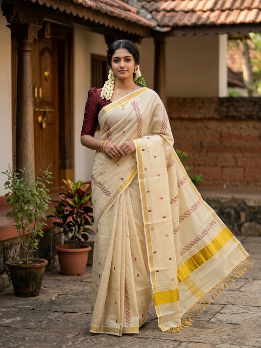 Southloom Kerala Tissue Kasavu Saree Maroon Hand Printed