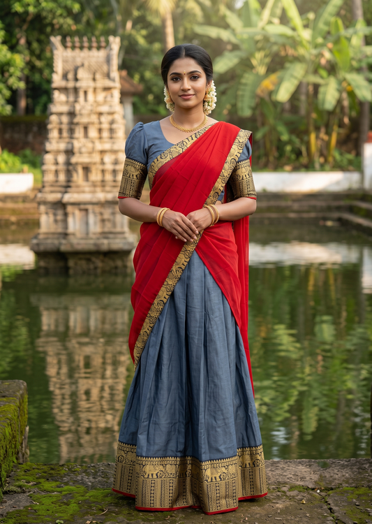Southloom Semi Stitched Narayanpet Dhavani Set with Pavada and Grey Blouse Piece SLDHAVANI SL541