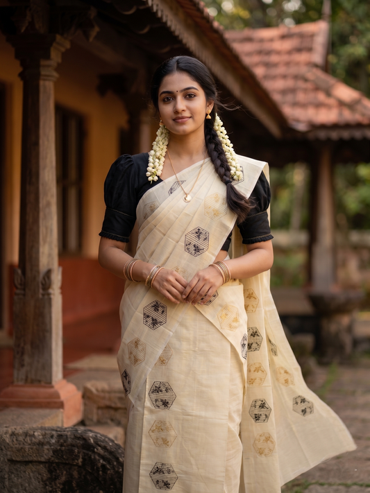 Southloom Kerala Tissue Kasavu Single Set Mundu (Mundum Neriyathum) Black and Golden Embroidery Work