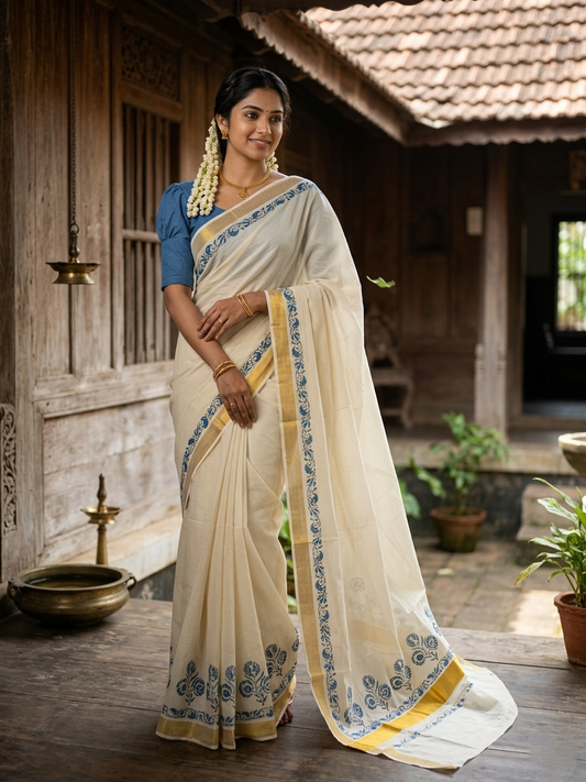 Southloom Cotton Kerala Kasavu Saree with Black and Blue Block Prints On Border