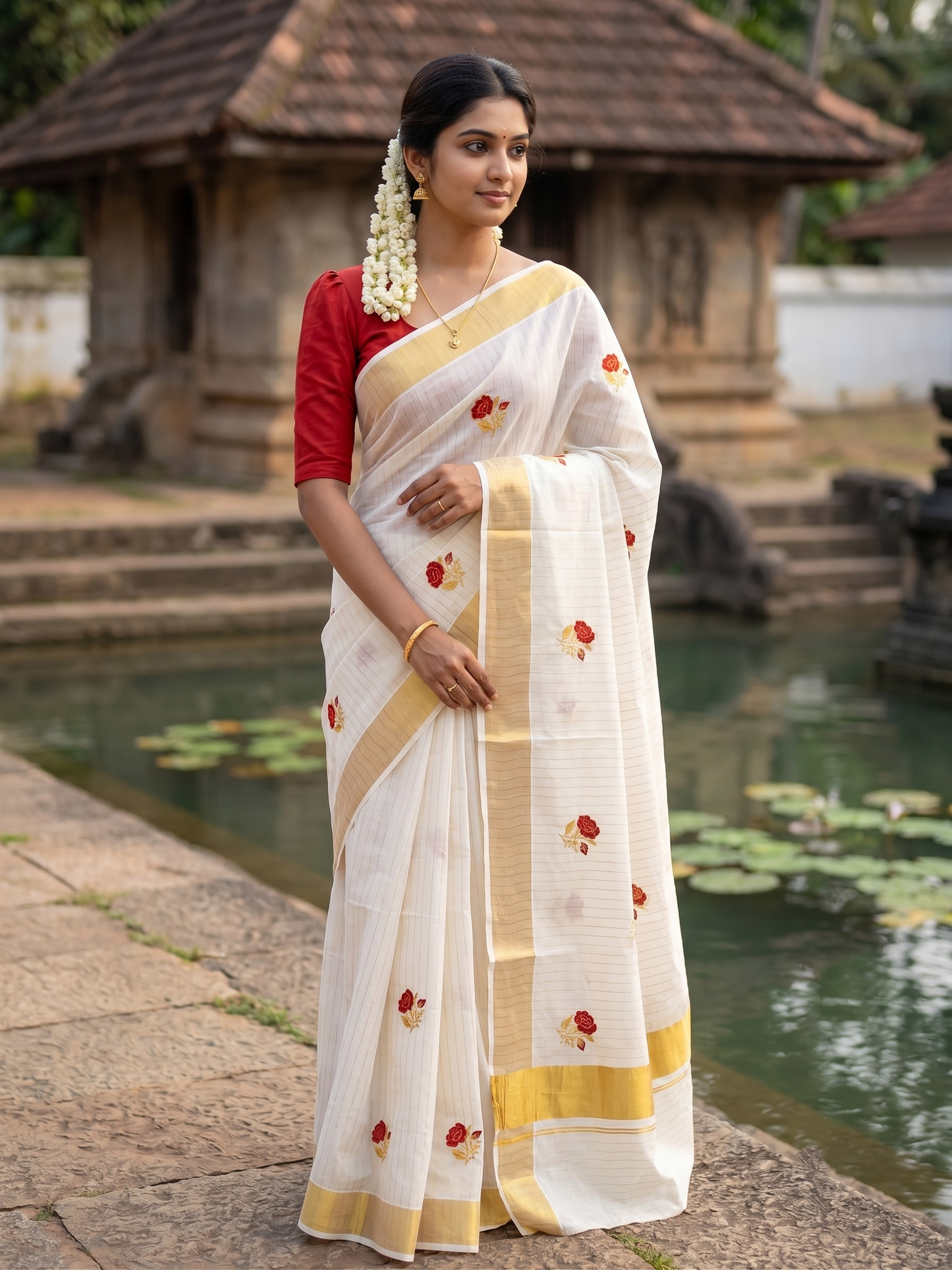Southloom Kerala Cotton Kasavu Line Saree with Red Floral Embroidery Works