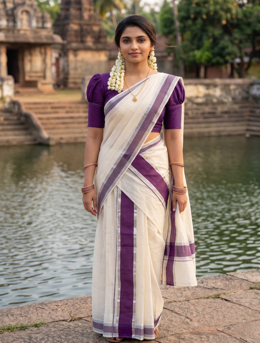Kerala Cotton Mundum Neriyathum Single (Set Mundu) with Purple and Silver Kasavu Border 2.80 Mtrs   SLKK SL498
