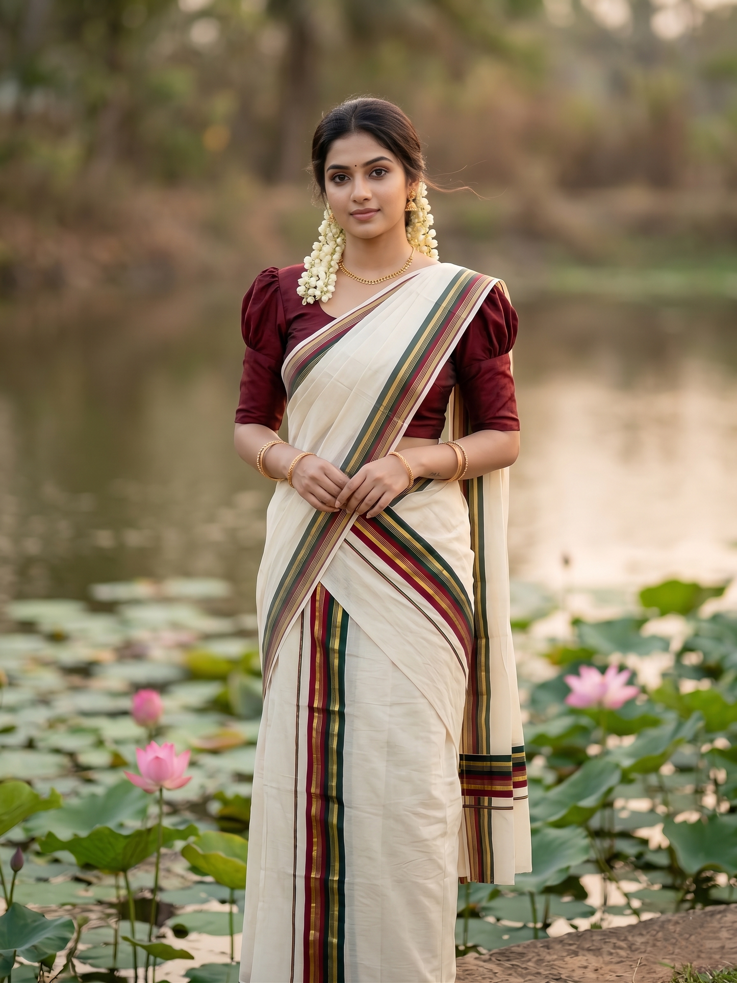 Southloom Kerala Cotton Kasavu Single Set Mundu (Mundum Neriyathum) with Green and Maroon Kasavu Border SLKK