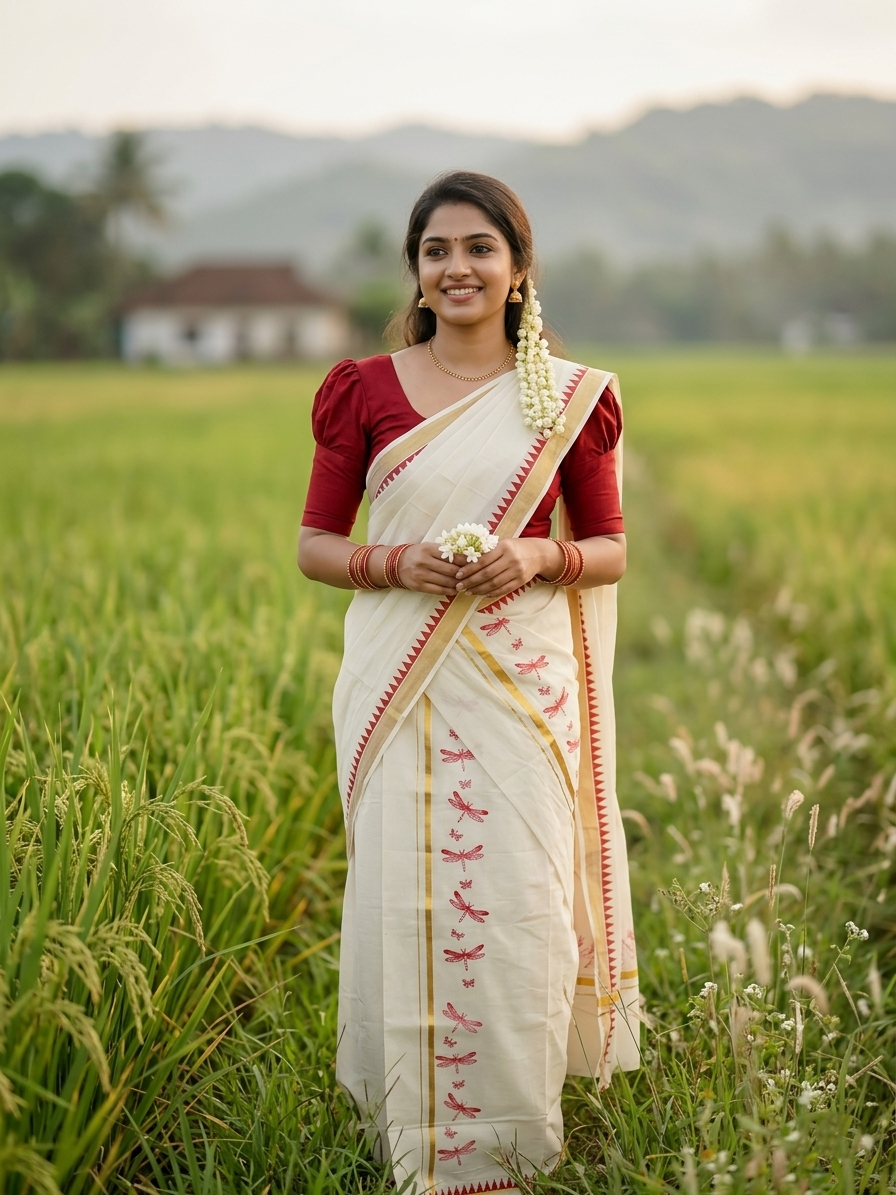 Southloom Kerala Cotton Single Set Mundu (Mundum Neriyathum) with Red Thumbi Block Printed Design And Gold Kasavu 2.80Mtrs SL151