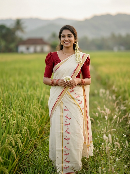 Southloom Kerala Cotton Single Set Mundu (Mundum Neriyathum) with Red Thumbi Block Printed Design And Gold Kasavu 2.80Mtrs SL151