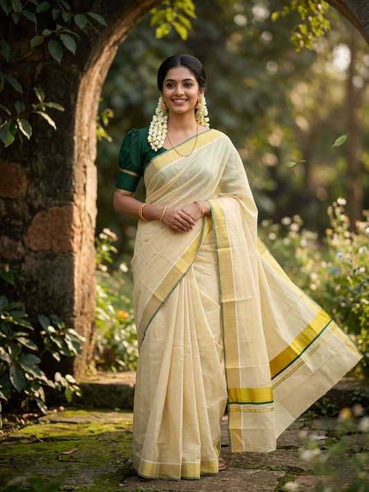 Southloom Kerala Tissue Kasavu Plain Saree With Green Border