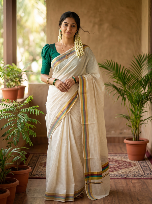 Southloom Kerala Cotton Kasavu Saree with Micro Check Design on Body in Maroon & Green Border SL481