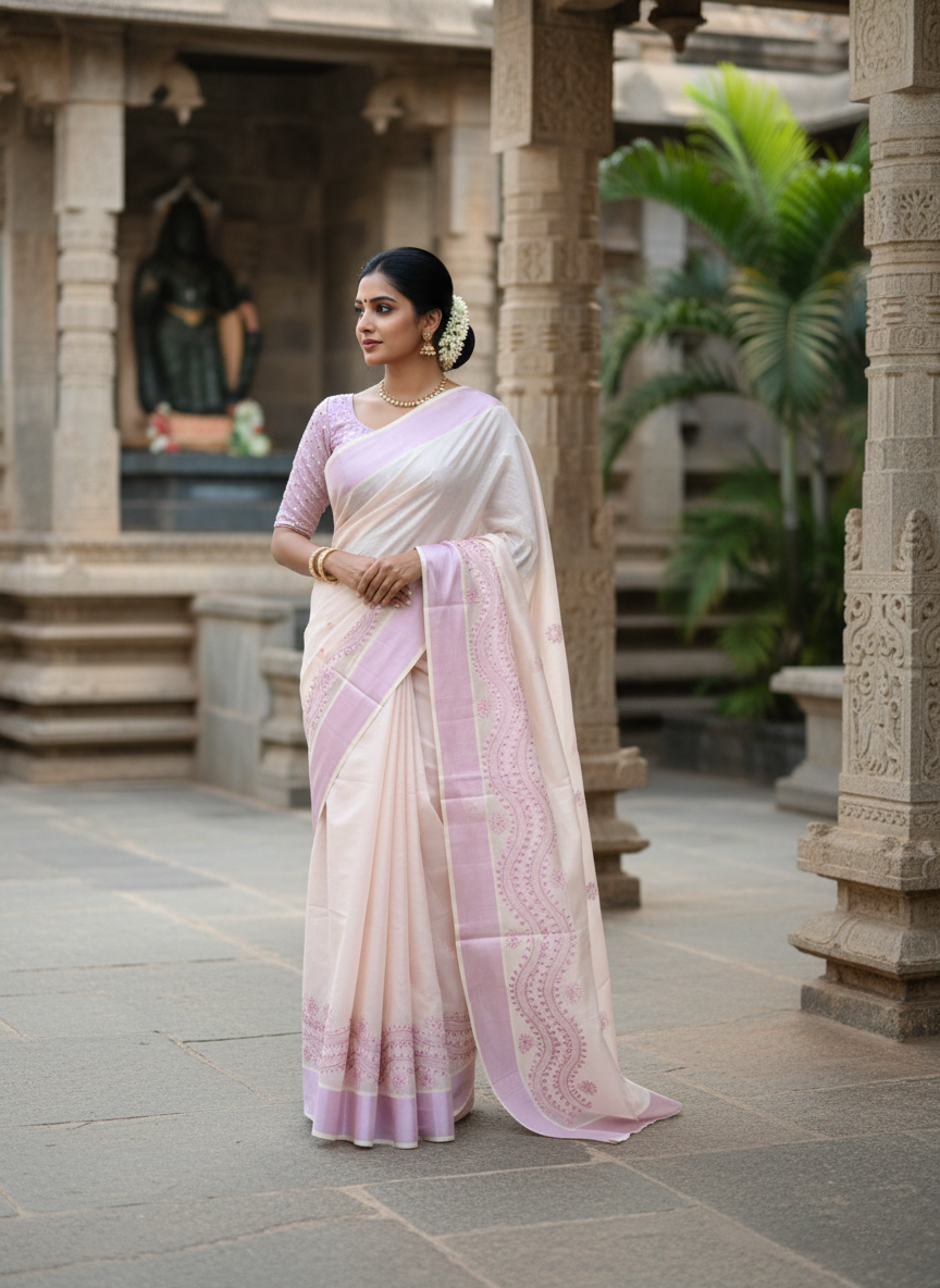 Southloom Cotton  Kerala Kasavu Saree with Embroidery Design