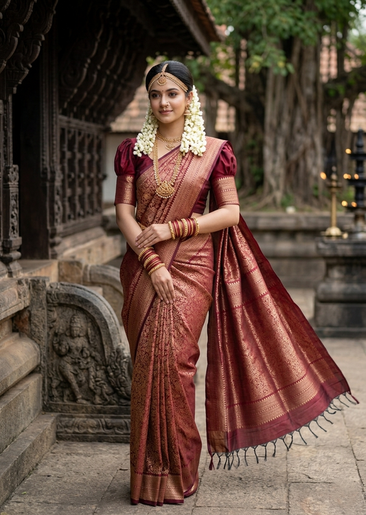 Southloom Pure Handloom Bridal Kanchipuram Silk Saree with Korvai Work (Maroon)