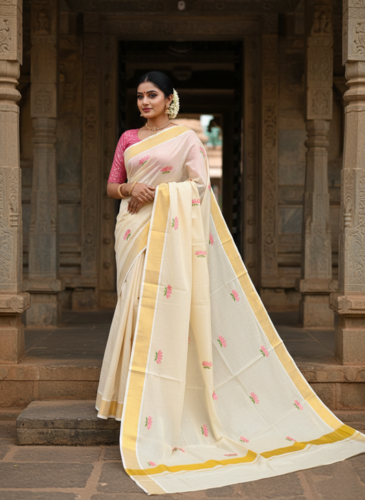 Southloom Lotus Pink and Green Embroidery Tissue Plain Kerala Saree