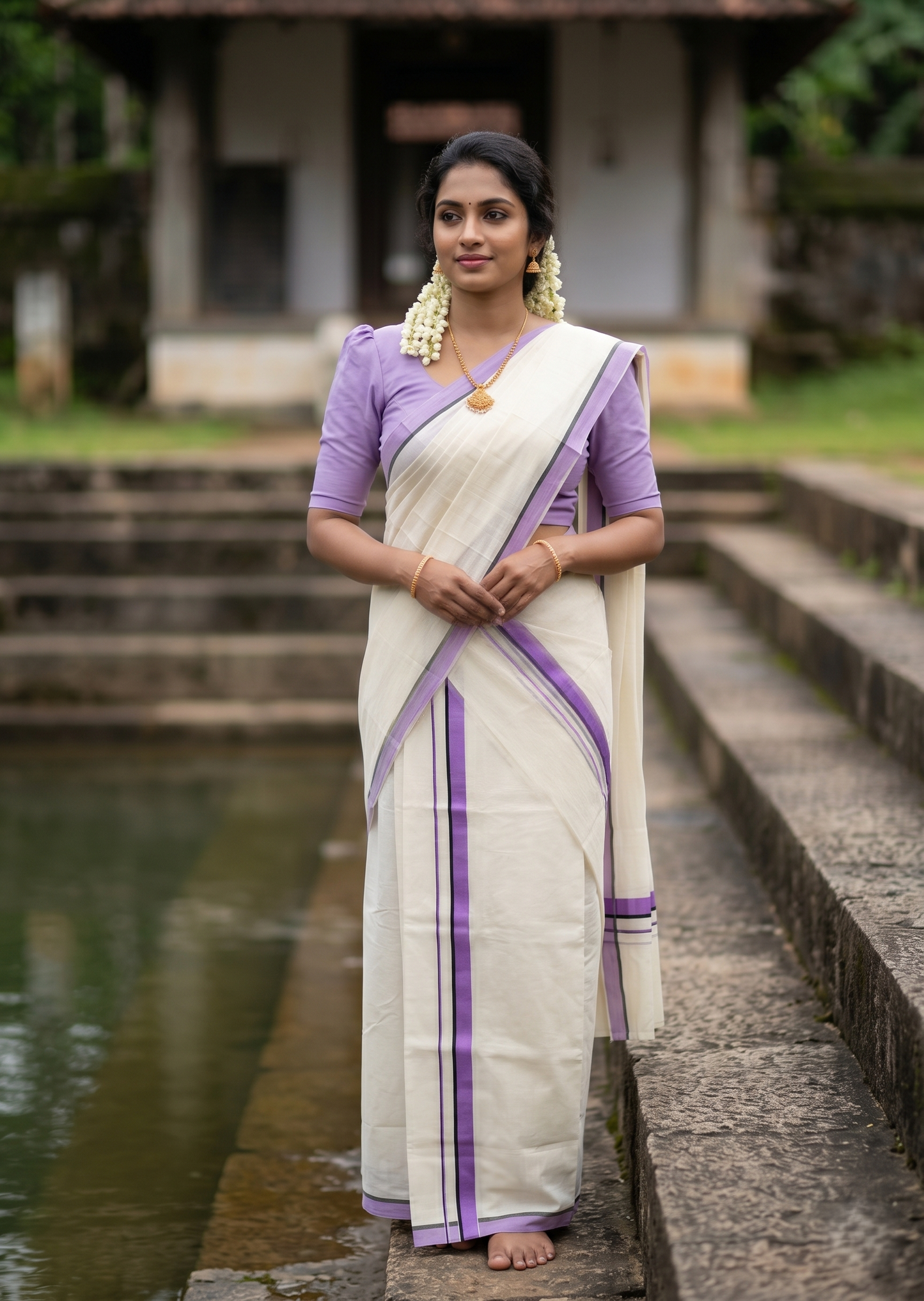 Southloom Pure Cotton Kerala Single Set Mundu (Mundum Neriyathum) Lavender Border 2.80 Mtr SL345