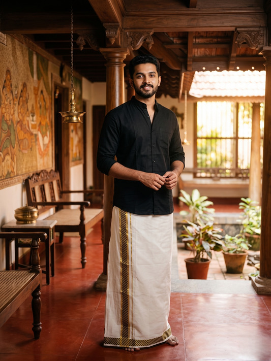 Southloom Premium Handloom Cotton Gold Kasavu Double Mundu with Gold and Black Border