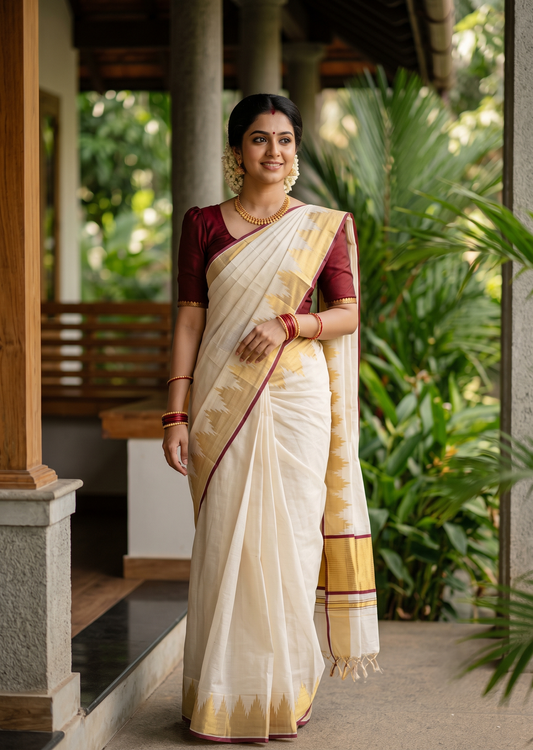 Southloom Super Premium Balaramapuram Handloom Tissue Saree with Gold And Maroon Chuttikara and Temple Design on Border